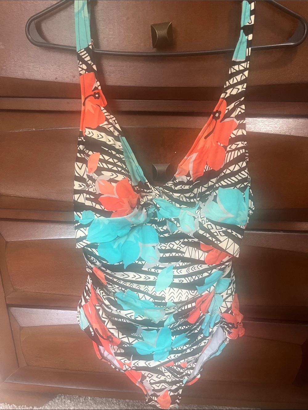 Floral Ruched Women’s Swim Bodysuit in Aqua & Coral